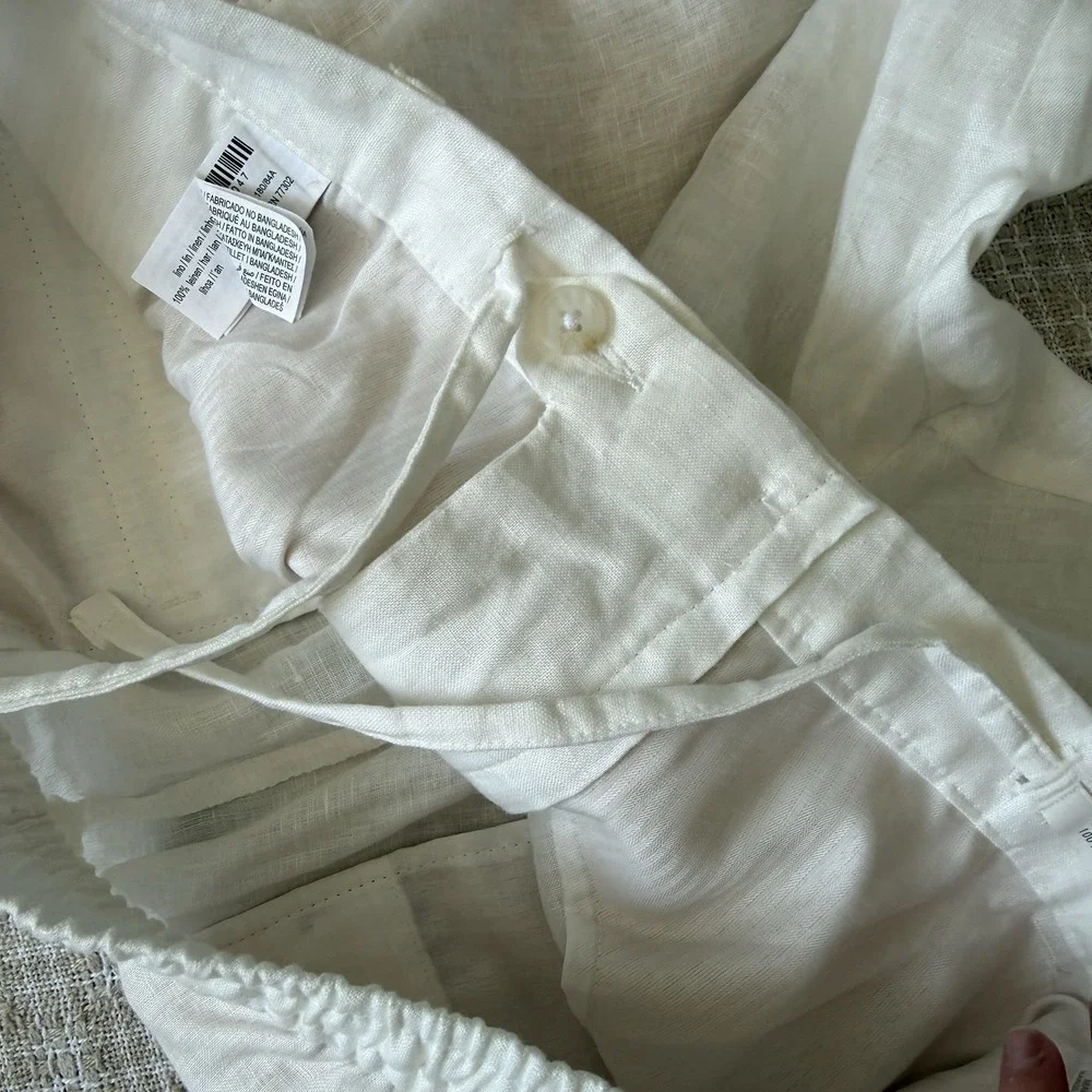 ZARA Linen Pants Womens L White Drawstring Lightweight Trouser Minimalist Beach